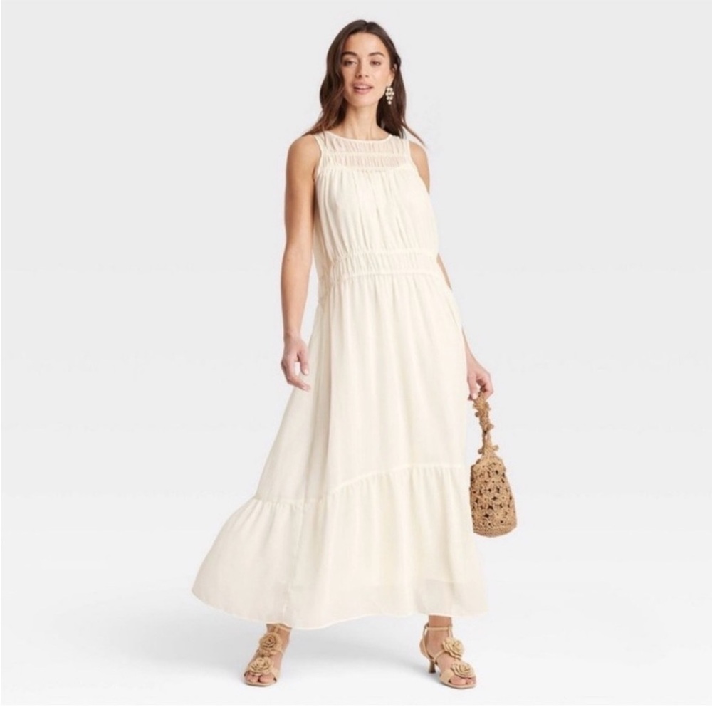 A New Day Sleeveless Tiered Boho Sheer Layered Ivory White Maxi Dress X Small